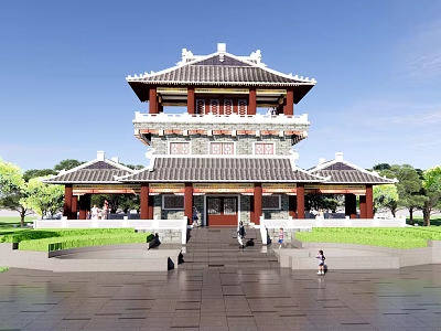 Ancient Chinese Architecture Traditional Pavilion with Curved Tile Roof and Stone Steps on Green Lawn 3d model