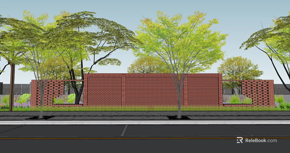 Red Brick Garden Wall With Green Trees And Grass Landscape Design 3d model