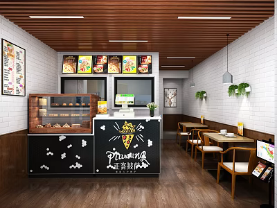 Modern Restaurant Interior With Counter Menu Display Seating Area And Green Plants 3d model
