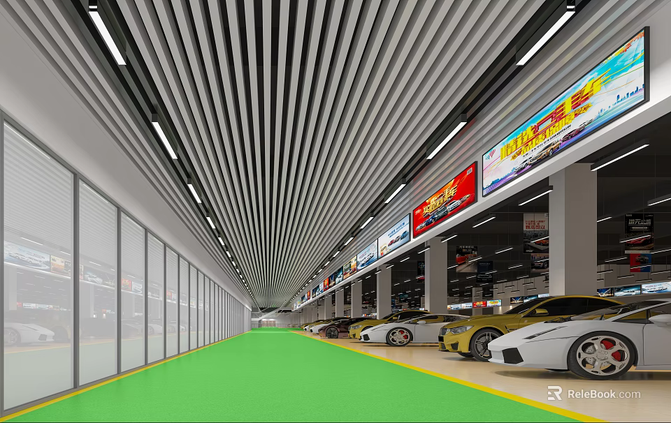 Modern Car Showroom Interior With Green Floor Multiple Cars Striped Ceiling And Billboards 3d model 