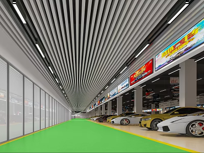 Modern Car Showroom Interior With Green Floor Multiple Cars Striped Ceiling And Billboards 3d model