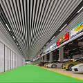 Modern Car Showroom Interior With Green Floor Multiple Cars Striped Ceiling And Billboards