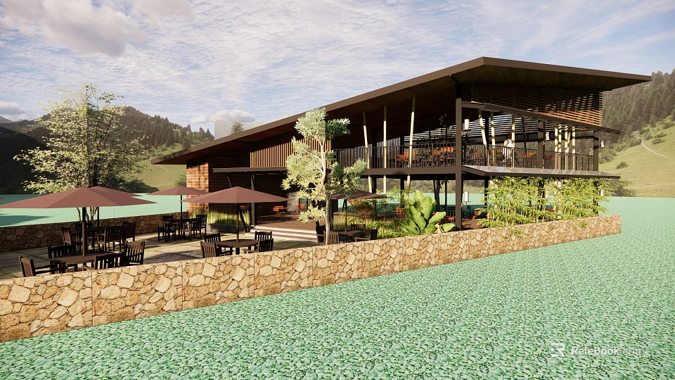 Modern Wooden Building With Open Design Terrace Outdoor Seating Umbrellas Greenery Mountain View And Sky 3d model 