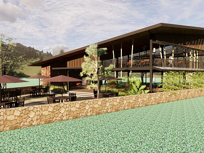 Modern Wooden Building With Open Design Terrace Outdoor Seating Umbrellas Greenery Mountain View And Sky 3d model