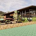 Modern Wooden Building With Open Design Terrace Outdoor Seating Umbrellas Greenery Mountain View And Sky