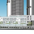 Urban Commercial Complex with High Rise Buildings Landscaped Plaza Greenery and Parking Vehicles