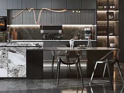 Modern Kitchen Interior With Marble Island Counter Cabinets And Elegant Lighting Design 3d model