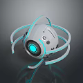 Futuristic Sci-Fi Robot Design With White Spherical Body Blue Glowing Center And Curved Appendages