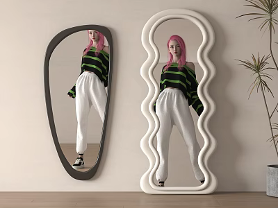 Mirrors With Black Irregular Shape And White Wavy Frame Against Light Wall With Potted Plant 3d model
