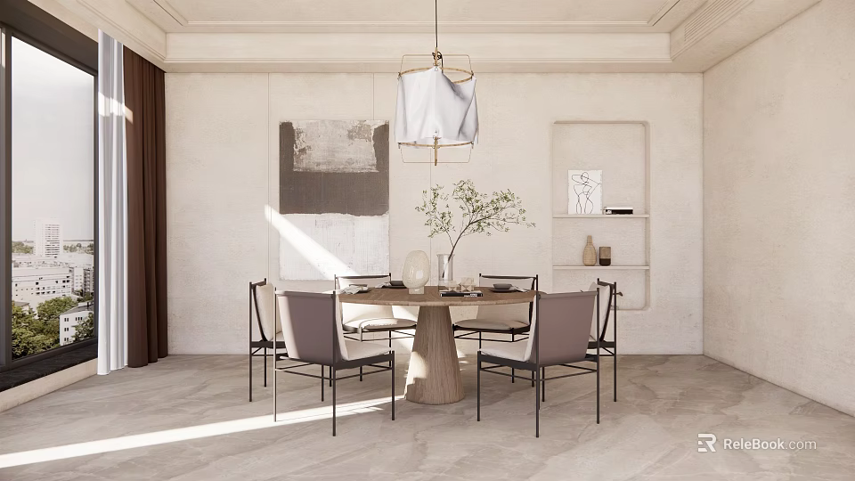 Modern Dining Room Interior With Wooden Table Gray Chairs Hanging Chandelier And Abstract Wall Art 3d model 