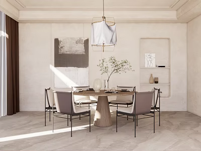 Modern Dining Room Interior With Wooden Table Gray Chairs Hanging Chandelier And Abstract Wall Art 3d model