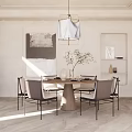 Modern Dining Room Interior With Wooden Table Gray Chairs Hanging Chandelier And Abstract Wall Art