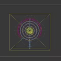 Futuristic Starry Sky Scene With Purple Blue Tones Circular Rings Spiral Staircase And Robots