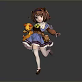 Woman with brown hair in blue dress holding yellow teddy bear in running pose