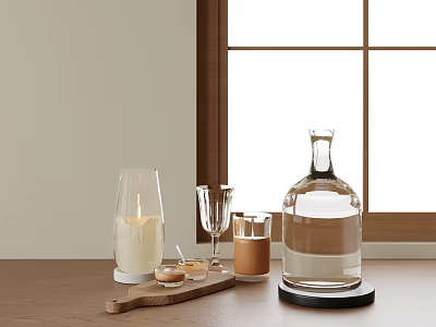 Decorative Ornament Set with Wooden Tray Glass Cloche Candle Small Candles Goblet Large Glass Bottle 3d model