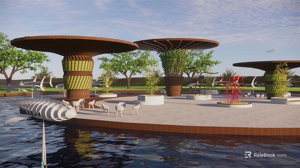 Scenic Park Landscape With Umbrella Shaped Structures Green Trees Water Surface And Seating Areas 3d model 