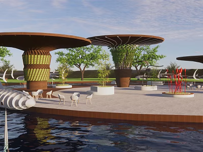 Scenic Park Landscape With Umbrella Shaped Structures Green Trees Water Surface And Seating Areas 3d model