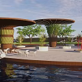 Scenic Park Landscape With Umbrella Shaped Structures Green Trees Water Surface And Seating Areas