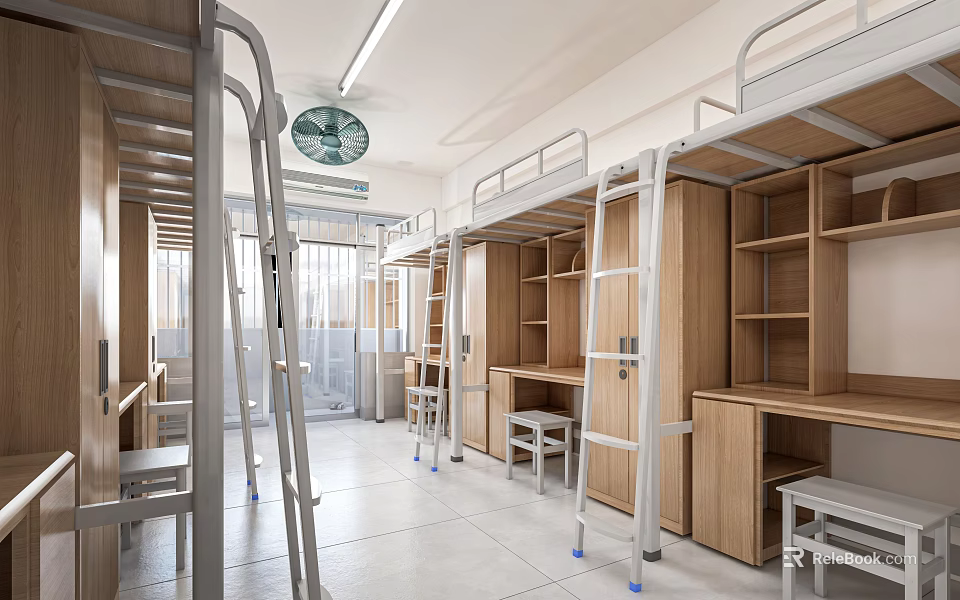 School Dormitory Room With Bunk Beds Desks And Fan 3d model 