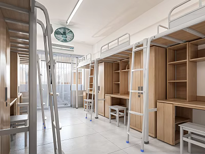 School Dormitory Room With Bunk Beds Desks And Fan 3d model