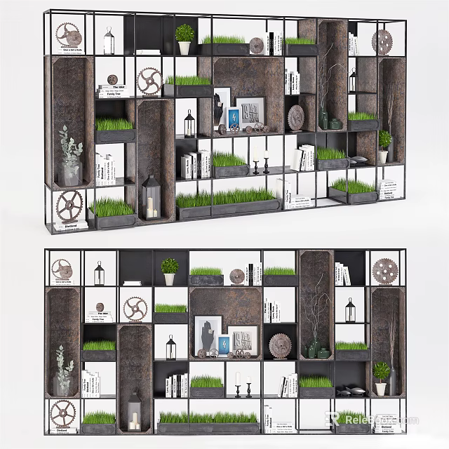 Modern Bookshelf With Multiple Shelves Green Plants Photo Frames And Decorative Items 3d model 