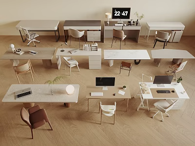 Modern Home Office Desks With Various Chairs Lamps Computers And Stationery 3d model