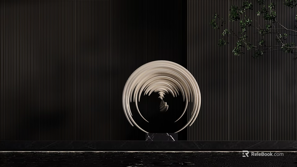 Circular Spiral Sculpture On Black Marble Counter With Dark Striped Wall And Green Plants 3d model 