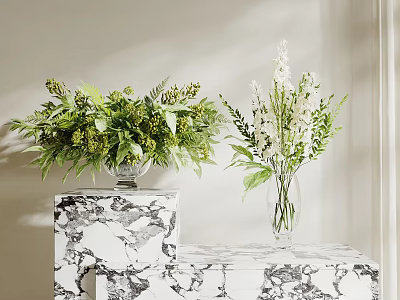 Elegant Green And White Flowers Arranged In Glass Vases On Marble Tabletop 3d model