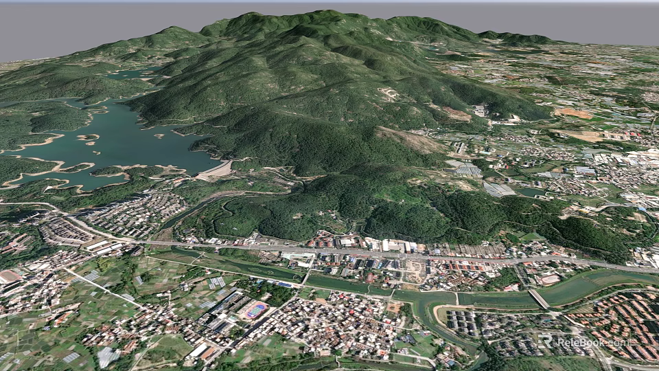 Aerial View Planning of Urban Area With Mountains Lake River Buildings and Roads 3d model 