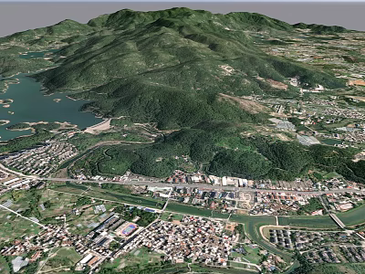 Aerial View Planning of Urban Area With Mountains Lake River Buildings and Roads 3d model