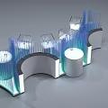 Modern Tech Exhibition Hall with Curved Blue Green Lighting White Cylindrical Stands and Transparent Cases