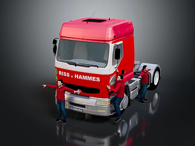 Red RISS HAMMES Truck with Three People in Red Clothes Inspecting Exterior 3d model