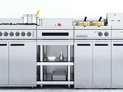Professional Stainless Steel Kitchen Appliances With Stove Oven And Storage Shelves 3d model