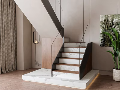 Modern Staircase With Marble Steps Wooden Accents Black Metal Railing Warm Lighting And Potted Plant 3d model