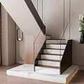 Modern Staircase With Marble Steps Wooden Accents Black Metal Railing Warm Lighting And Potted Plant