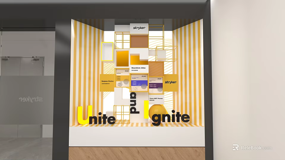 Store Window Display Featuring Yellow White Striped Background Colorful Blocks Unite Ignite Lettering 3d model 