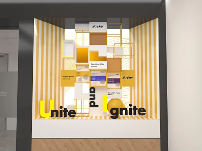 Store Window Display Featuring Yellow White Striped Background Colorful Blocks Unite Ignite Lettering 3d model