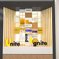 Store Window Display Featuring Yellow White Striped Background Colorful Blocks Unite Ignite Lettering