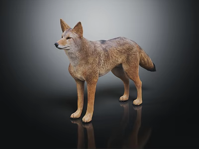 Standing Coyote With Realistic Brown Gray Fur And Reflection On Dark Background 3d model