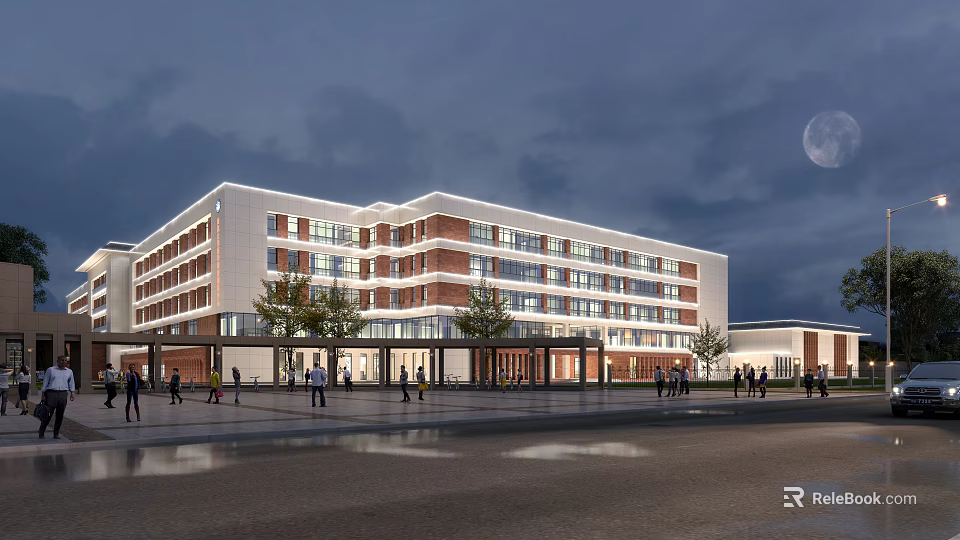 Modern School Building Exterior With Red Brick White Facade Night View Moonlight Plaza And People 3d model 
