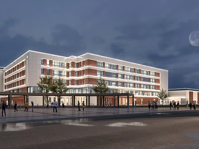 Modern School Building Exterior With Red Brick White Facade Night View Moonlight Plaza And People 3d model