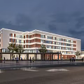 Modern School Building Exterior With Red Brick White Facade Night View Moonlight Plaza And People