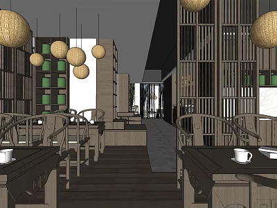 Traditional Chinese Tea House Interior With Bamboo Lanterns Wooden Tables And Green Decor 3d model