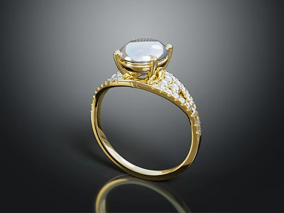Luxurious Gold Ring With Large Gemstone And Small Diamond Decorations On Shiny Band 3d model