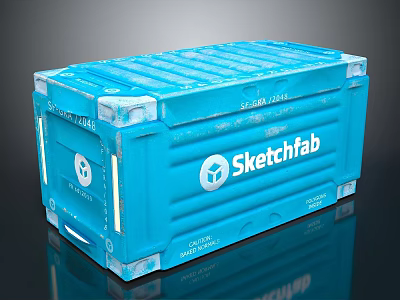 Blue Shipping Container With Sketchfab Logo And Metal Corrugated Surface 3d model
