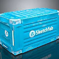 Blue Shipping Container With Sketchfab Logo And Metal Corrugated Surface