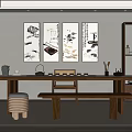 Traditional Tea Room Interior With Long Tea Table Four Ink Paintings Wooden Bookshelf and Stools
