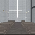 Serene Christian Church Interior Featuring Concrete Walls Wooden Benches Cross Natural Lighting And Wooden Floor