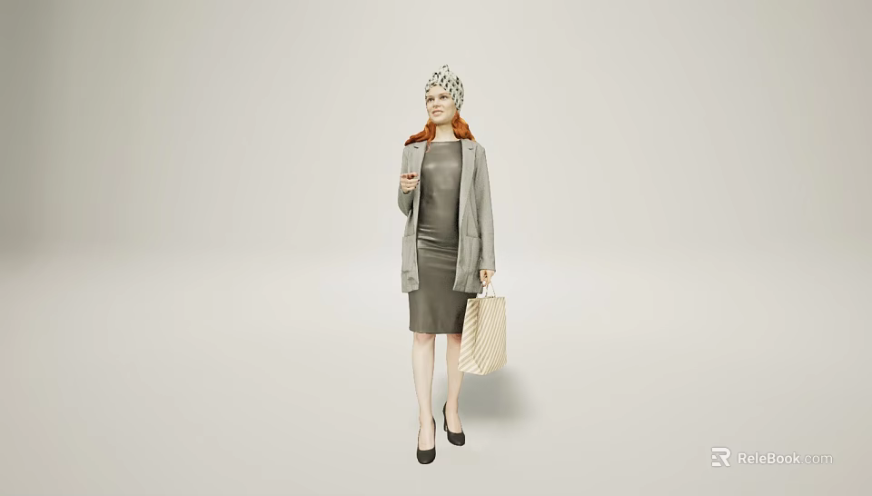 Stylish Woman With Red Hair Wearing Patterned Hat Gray Coat Dress And Handbag 3d model 