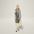 Stylish Woman With Red Hair Wearing Patterned Hat Gray Coat Dress And Handbag